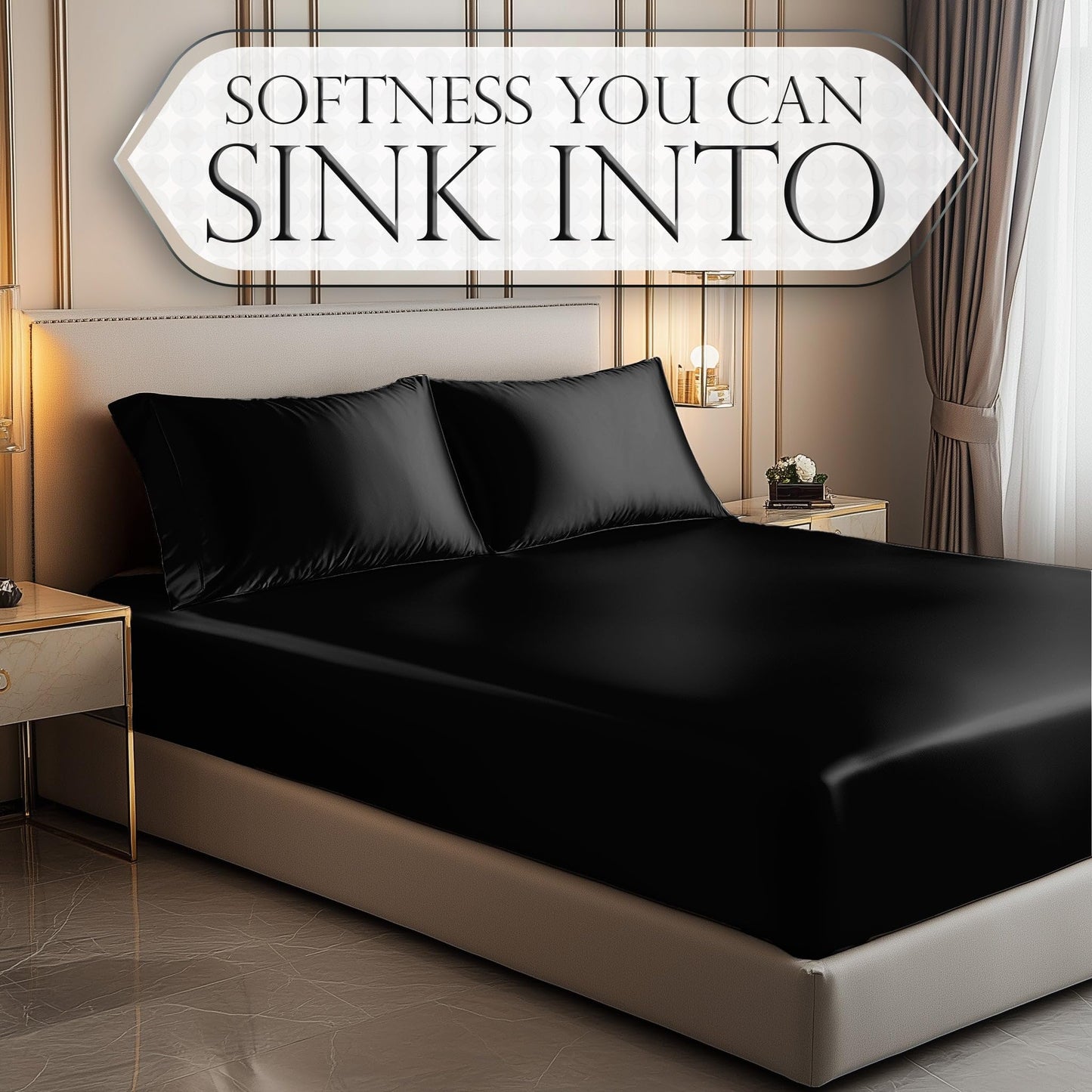 DECOLURE Satin Fitted Sheet Queen Size (1 PC) – Luxuriously Smooth & Softer Than Silk Bed Sheets w/ 15 Inch Deep Pocket Hypoallergenic Wrinkle Free, Secure Snug Fit, Elastic Corner Straps (Black)