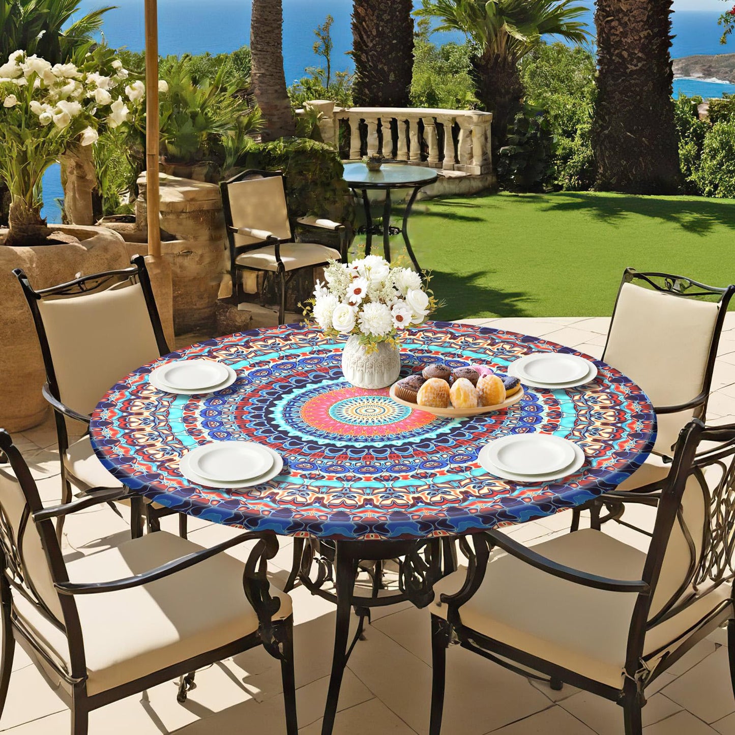 Alynsehom Round Tablecloth with Elastic Edge Outdoor Round Fitted Vinyl Table Cloth 36-44” Waterproof Wipeable Boho Table Cover for Dining Kitchen Picnic Barbecue Party Camping Decor Housewarming Gift
