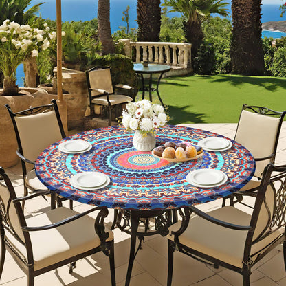 Alynsehom Round Tablecloth with Elastic Edge Outdoor Round Fitted Vinyl Table Cloth 36-44” Waterproof Wipeable Boho Table Cover for Dining Kitchen Picnic Barbecue Party Camping Decor Housewarming Gift