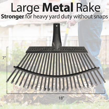 Rake for Leaves, 25 Tines 18" Wide Metal Leaf Rake with 32 Gallon Lawn and Leaf Bags & Leaf Scoops, Garden Adult Kids Lawn Shrub Yard Landscape Rake Heavy Duty Long Handle 30-60
