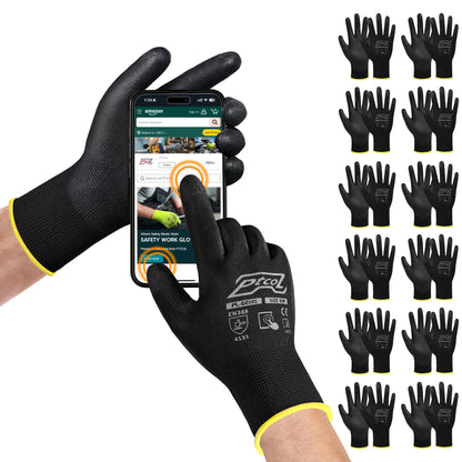 PTCOL PU Coated Work Gloves -12 Pairs Bulk Pack, Excellent Grip, Seamless Knit Nylon Safety Gloves with Polyurethane Coated for Touchscreen, Lightweight, Ideal for Light Duty Work (Large)