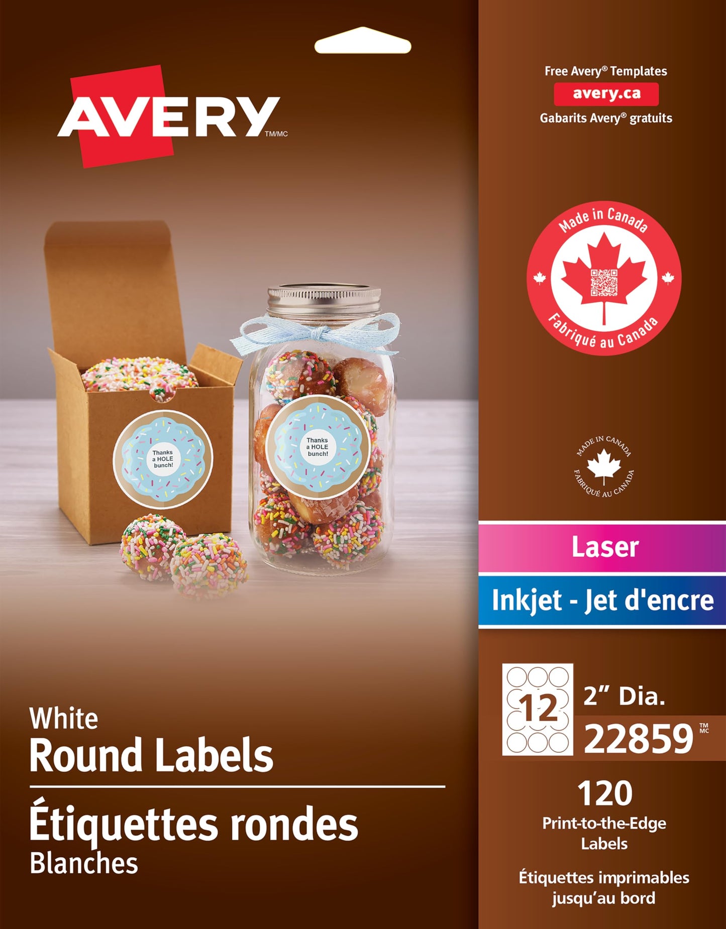 Avery Matte White Round Labels, 2" Label, for Laser/Inkjet Printers, Easy Peel, Print to Edge, 120 Permanent White Labels, Apply on Paper/Cardboard/Metal/Glass/Plastic, (22859) Made in Canada