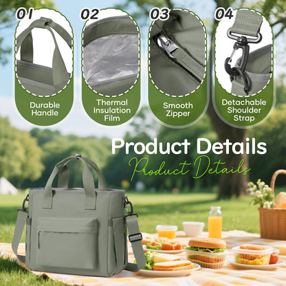 Lunch Bag Insulated Lunch Box Leakproof Lunch Tote Bags for Women Men,Portable Thermal Cooler Bag Lunch Containers with Shoulder Strap for Work, Family, Picnic, School, Outdoor,BBQ C5-Greygreen