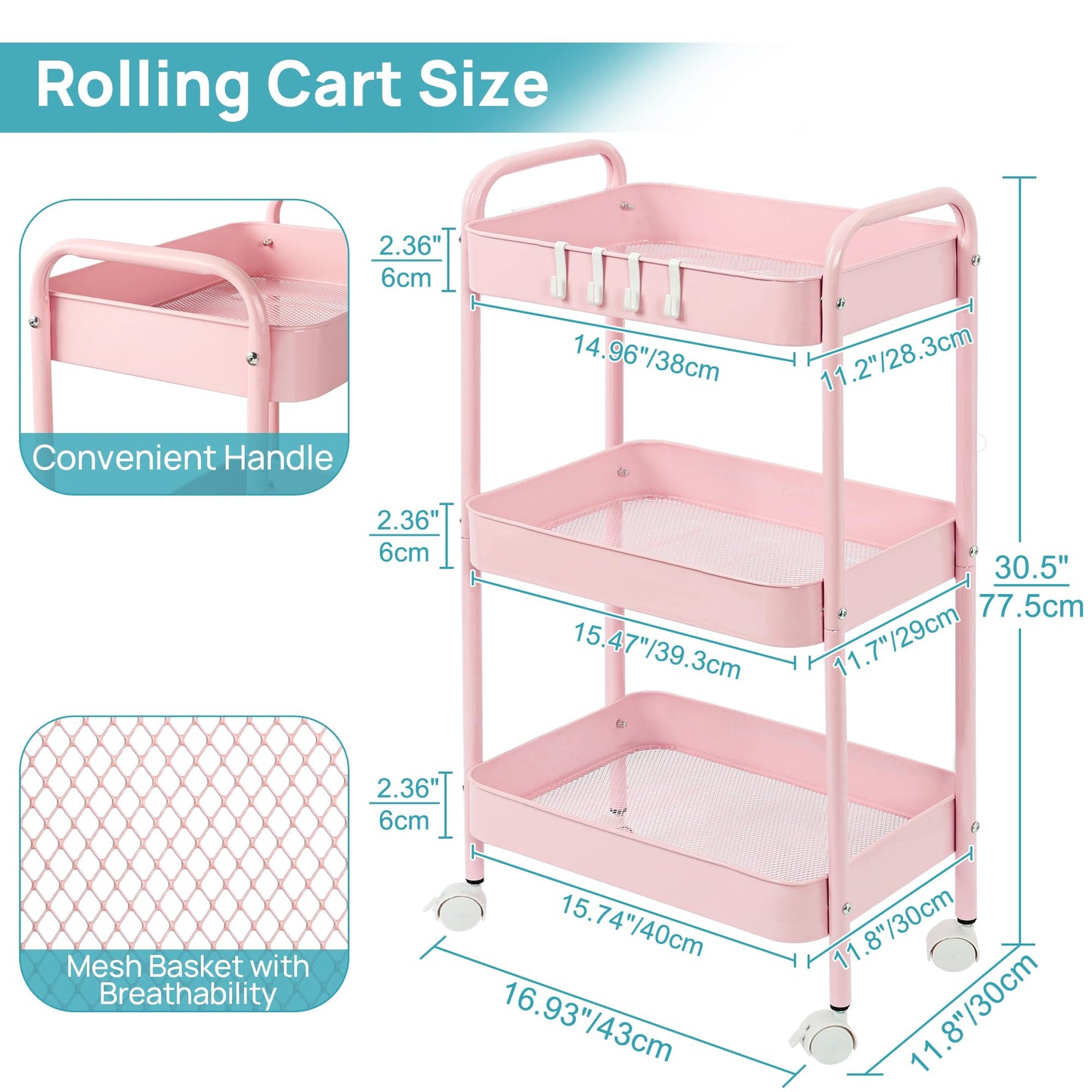 3 Tier Metal Rolling Cart with Wheels, Utility Storage Cart with Handle and Lockable Casters, Storage Basket Organizer Shelves, Easy Assemble for Kitchen, Living Room, Office, Nursery, White (Pink)