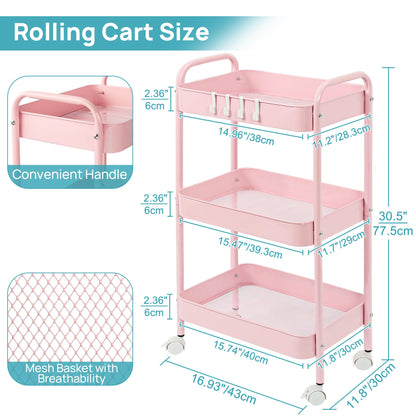 3 Tier Metal Rolling Cart with Wheels, Utility Storage Cart with Handle and Lockable Casters, Storage Basket Organizer Shelves, Easy Assemble for Kitchen, Living Room, Office, Nursery, White (Pink)