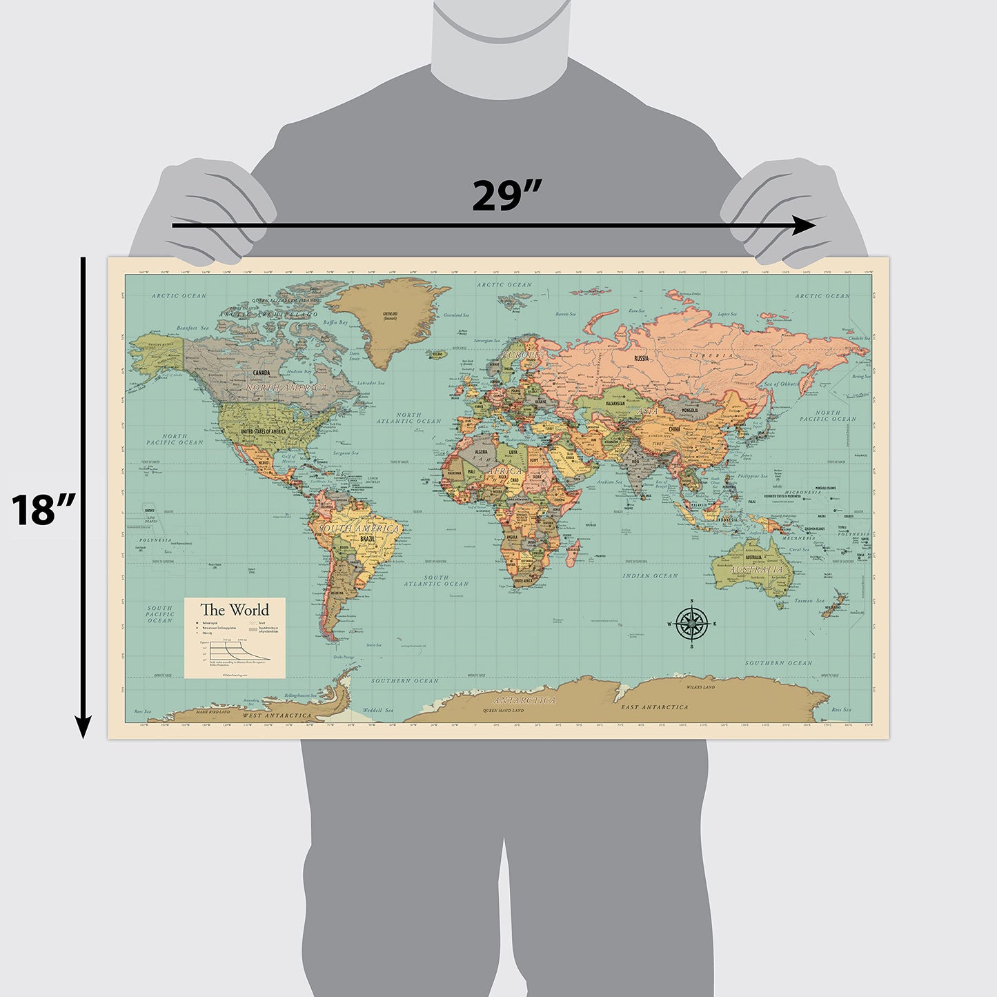 2 Pack - World Map [Tan/Color] & Antique Style World Map - Set of 2 Posters (LAMINATED, 18” x 29”)