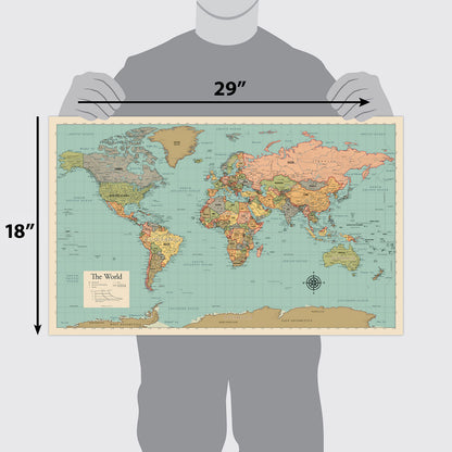 2 Pack - World Map [Tan/Color] & Antique Style World Map - Set of 2 Posters (LAMINATED, 18” x 29”)