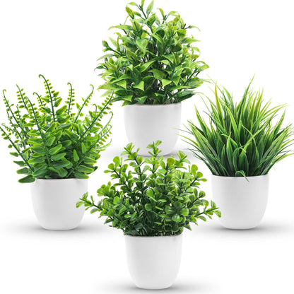 Der Rose Fake Plants 4 Packs Artificial Plants Small Faux Plants in White Pot for Bathroom Home Office Table Decor Indoor