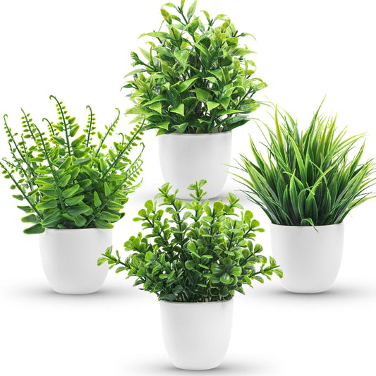 Der Rose Fake Plants 4 Packs Artificial Plants Small Faux Plants in White Pot for Bathroom Home Office Table Decor Indoor
