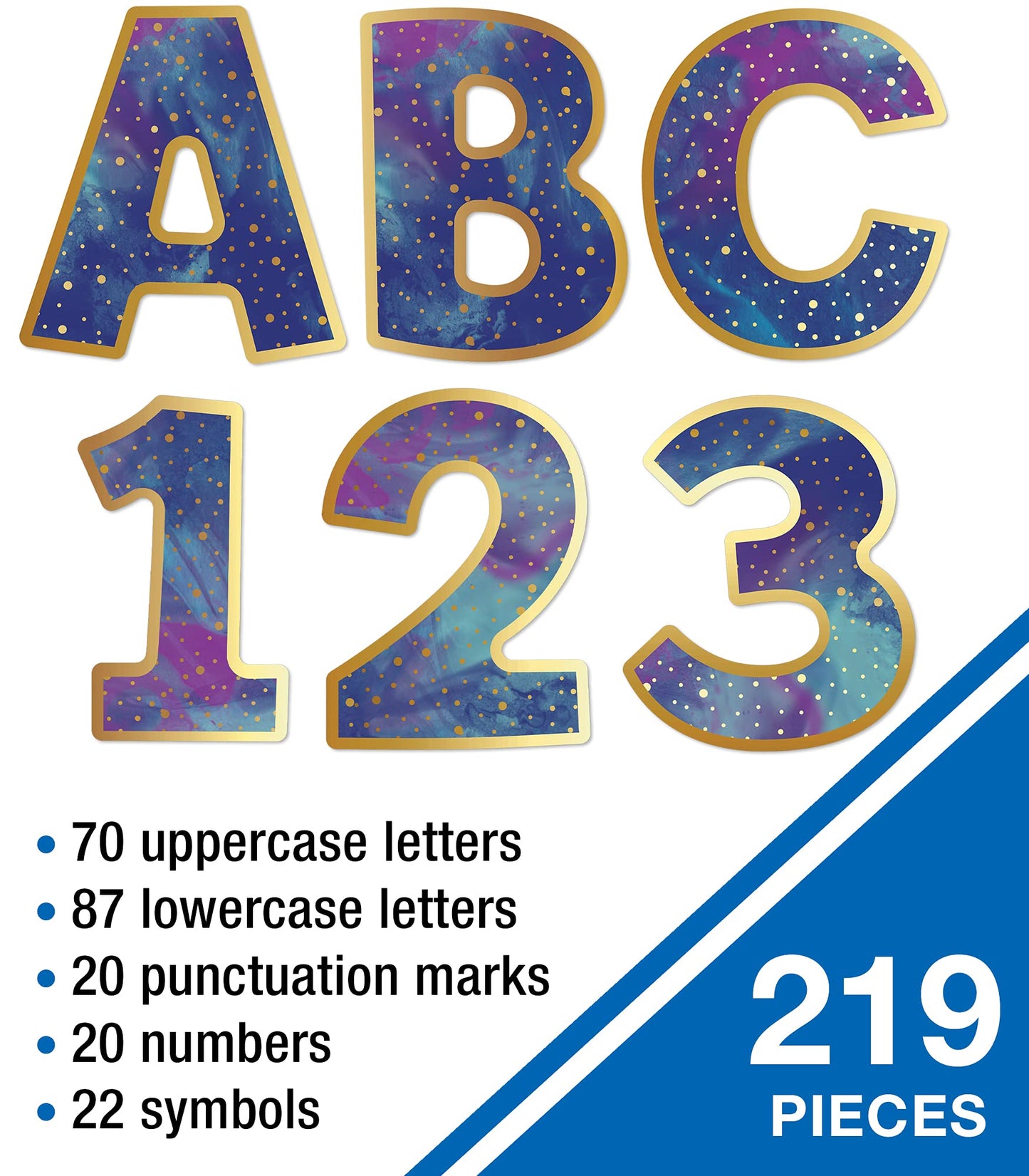 Carson Dellosa 219-Piece Galaxy Cutout Letters, 4" Marble and Gold Dot Upper and Lowercase Alphabet, Numbers, Punctuation, and Symbols for Bulletin Board, Posterboard, Party, and Classroom Decor