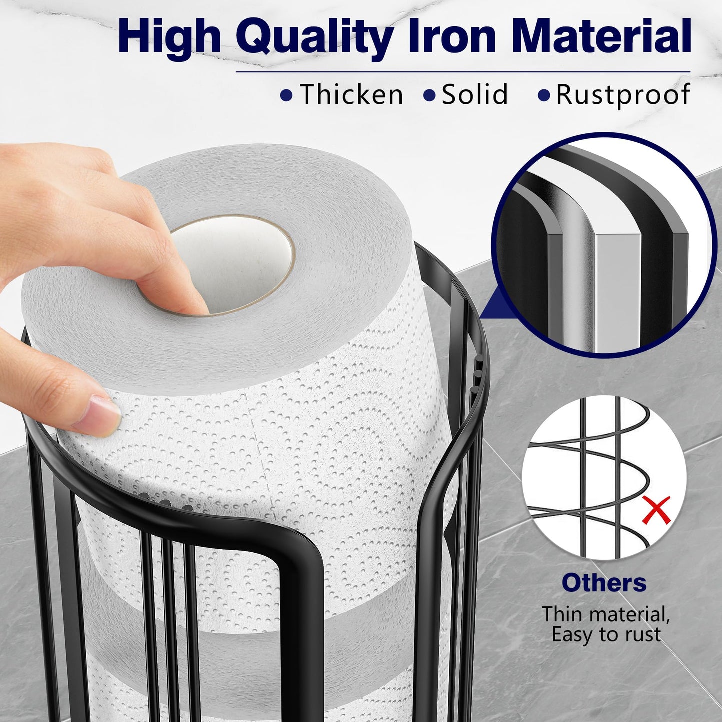 Toilet Paper Holder Stand, Freestanding Toilet Tissue Organizer, Minimalistic Storage Solution, Reserve Mega Rolls- Black
