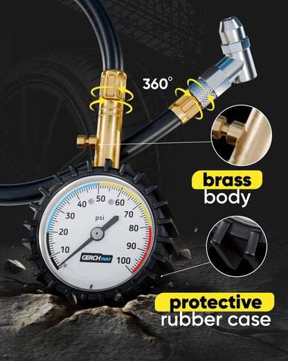 Tire Pressure Gauge 100 PSI - Large Dial Numbers & 45° Angle Chuck, Accurate Air Pressure Gauge for Tires