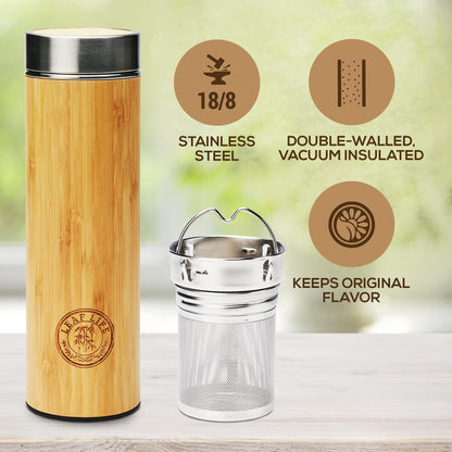 Leaflife Sustainable Bamboo Loose Leaf Tea Tumbler - 17oz Tea Bottle with Infuser - 12 Hrs Hot & Cold-Vacuum Insulated Stainless Steel Tea Gift for Women, Men - Tea Infuser Travel Mug with Lid