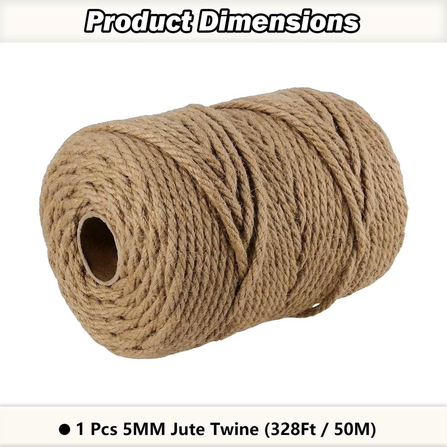 5MM Jute Twine 100 Meters Heavy Duty Natural Hemp Rope, Strong Brown Craft String for DIY Projects, Cat Scratcher, Gardening, Bundling, Camping, Gift Wrapping, Home and Outdoor Decoration (328Ft/100M)