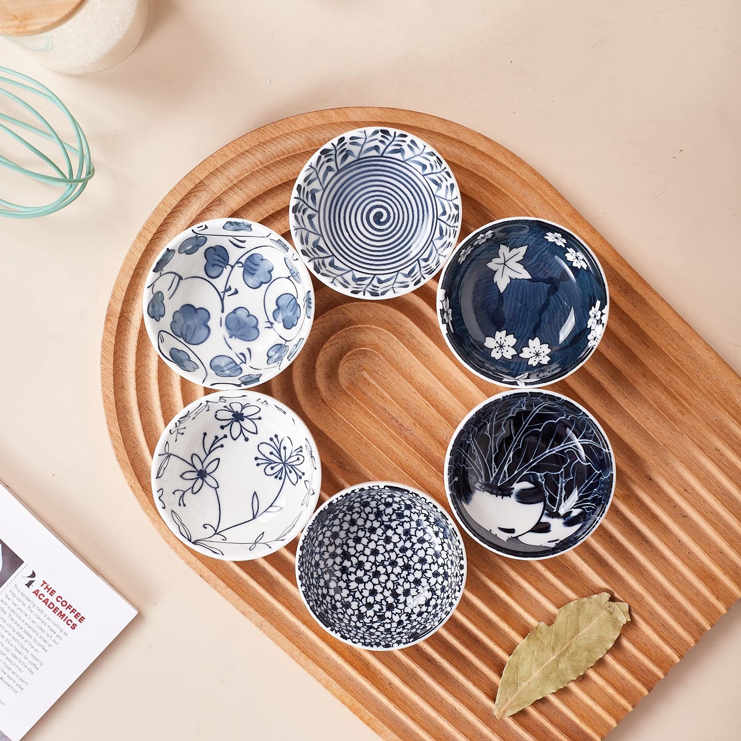 Swuut Japanese Style Ceramic Dipping Bowls,3'' Small Pinch Bowls Set Side Sauce Cups,Dishes for Sushi,Snack and Soy,BBQ,2.5 Oz Blue and White Mini Bowl for Kitchen Prep - Set of 6 (3 inch)