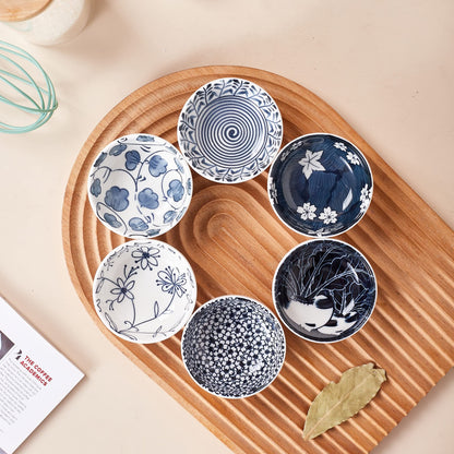 Swuut Japanese Style Ceramic Dipping Bowls,3'' Small Pinch Bowls Set Side Sauce Cups,Dishes for Sushi,Snack and Soy,BBQ,2.5 Oz Blue and White Mini Bowl for Kitchen Prep - Set of 6 (3 inch)
