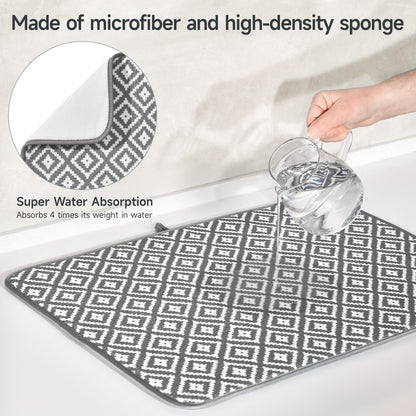 Subekyu 2 Pack Dish Drying Mat, 24 * 18 inch Ultra Absorbent Microfiber Dishes Drainer Mats for Kitchen Counter, Large Size Dish Drying Pad with Rhombus Patterns