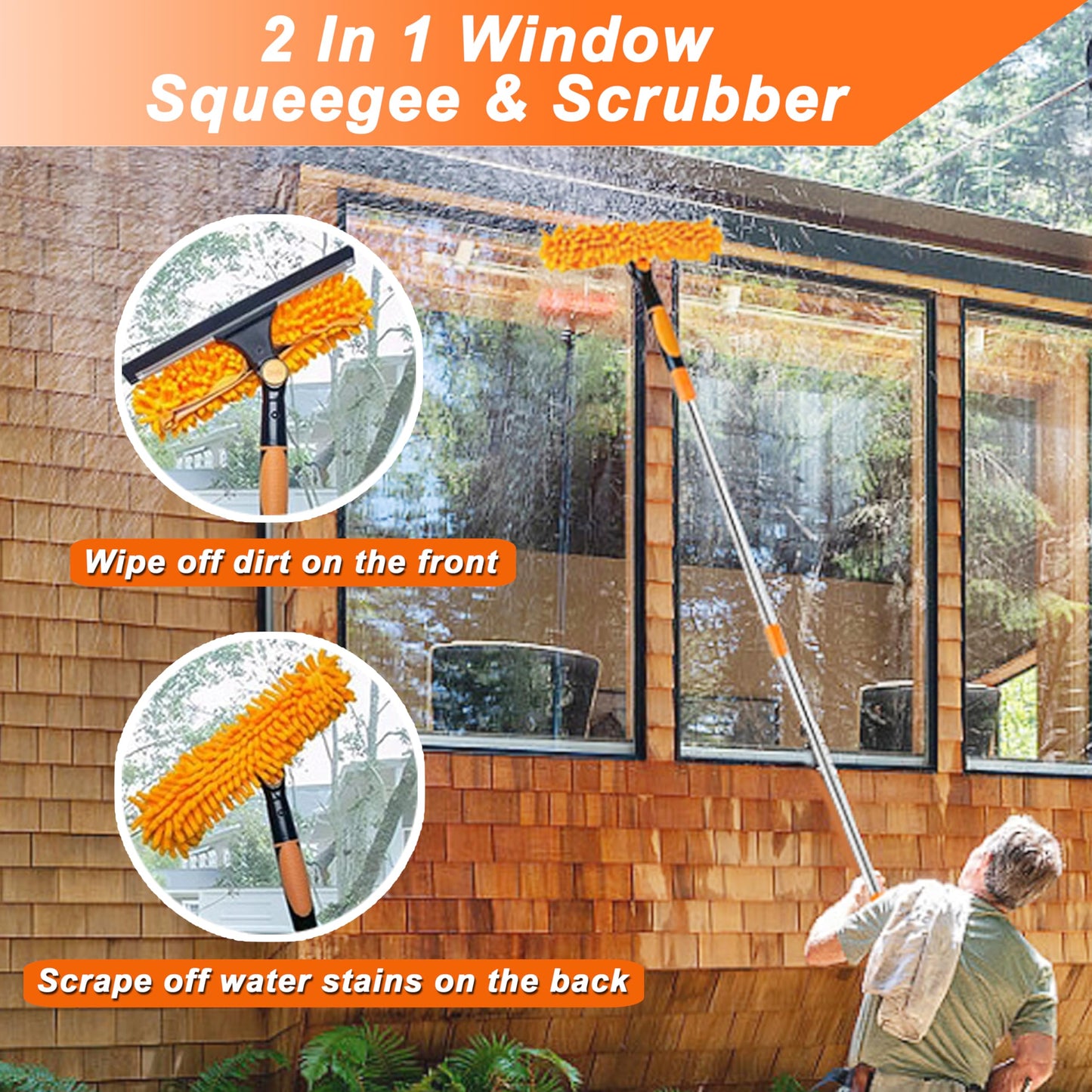Window Cleaning Tools Window Squeegee Extendable Cleaner 2 in 1 Rotatable Double-Sided High Windows Washing Squeegee Duster with 3-14Ft Extension Poles Outdoor