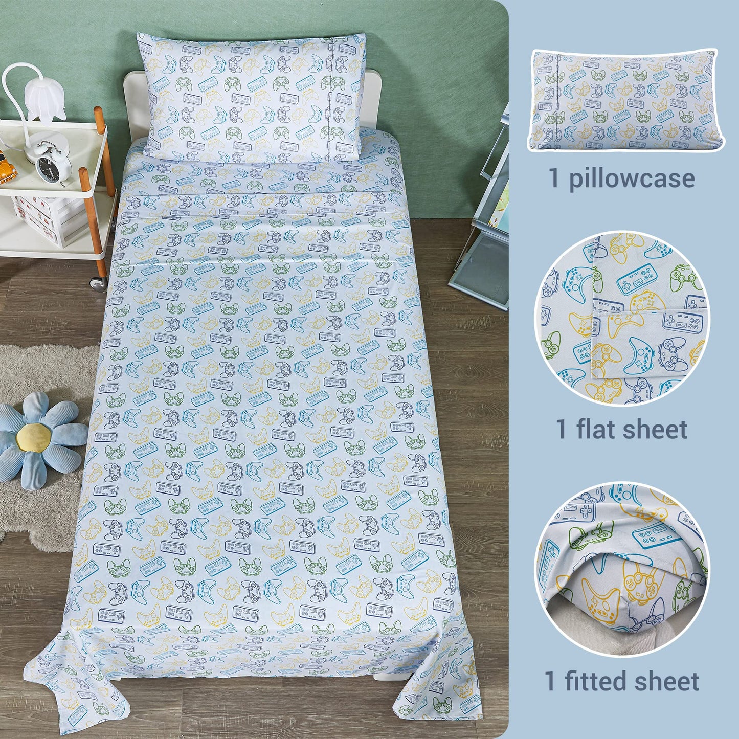 Viviland Kids Twin Single Sheet Set - Boys Game Twin Single Sheet Set - Kids Boys Twin Single Microfiber Fitted Sheet (15" deep Pocket) Flat Sheet - Light Grey Game Paddle Controller Printed