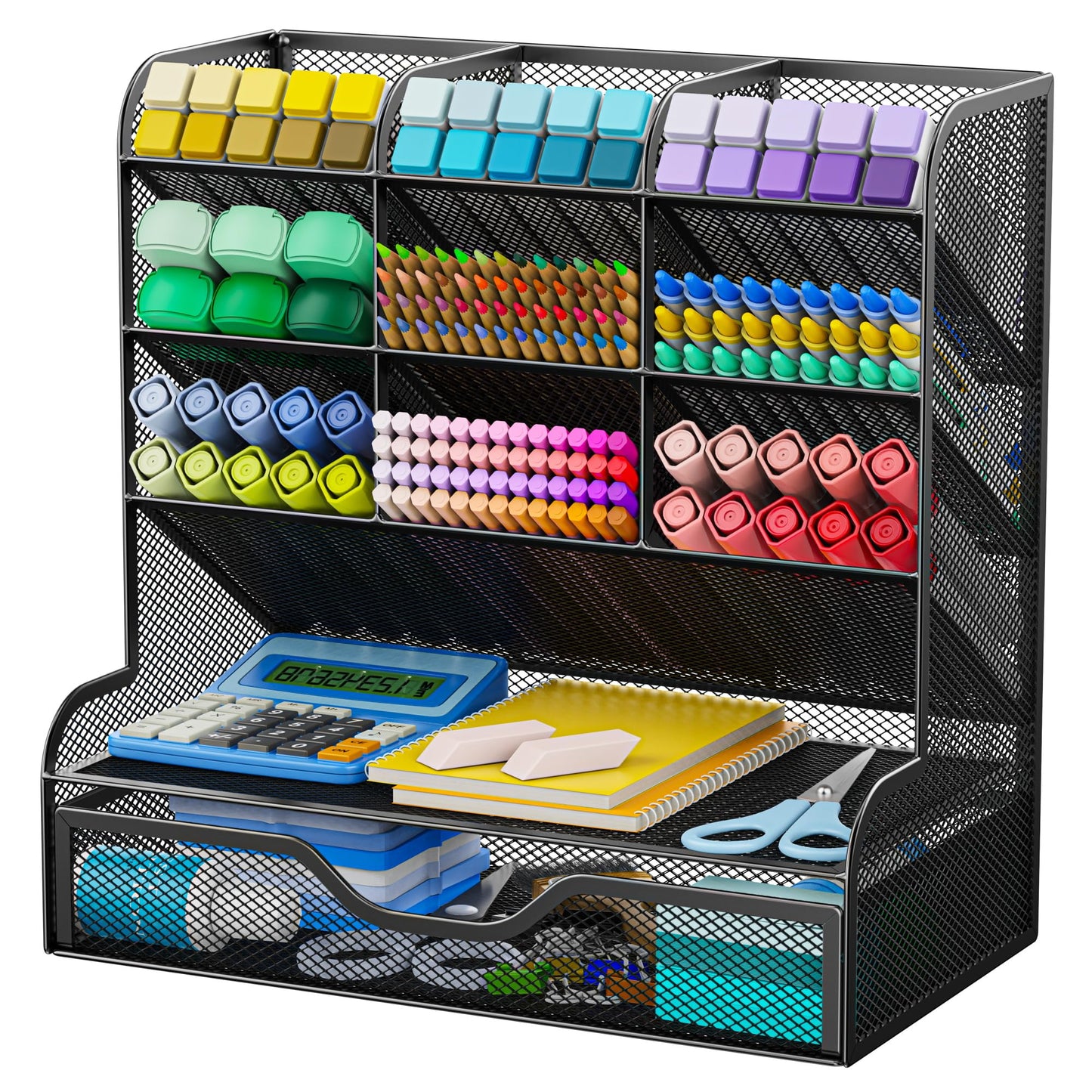 Auvo APH02 Multi-Functional Pen Pencil Holder, Desk Organizer with Drawer, Office & Art Supplies Storage，Large Size (Black)