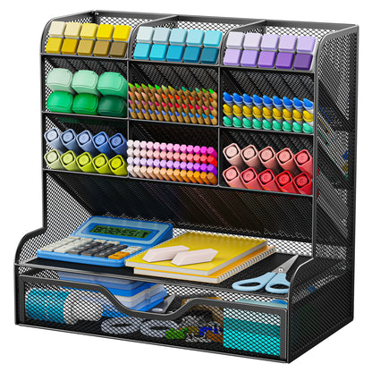 Auvo APH02 Multi-Functional Pen Pencil Holder, Desk Organizer with Drawer, Office & Art Supplies Storage，Large Size (Black)