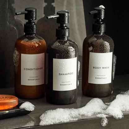 Stylish Shampoo and Conditioner Dispenser Set of 3 - Modern 21oz Shower Soap PET Bottles with Pump and Labels - Easy to Refill Body Wash Dispensers for an Instant Bathroom Decor Upgrade
