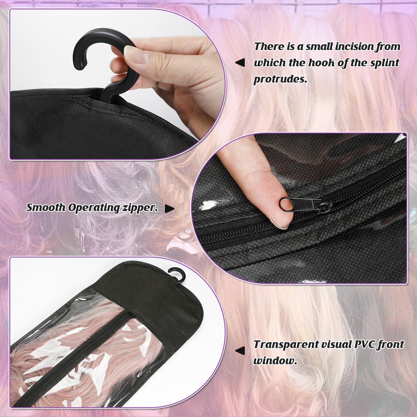 6 Pcs Wig Bags Storage with Wig Hanger Dust-proof for Multiple Wigs Hanging Storage Bags Organizer Foldable Easy Carry Suitable for Home Travel Hair Salon Black