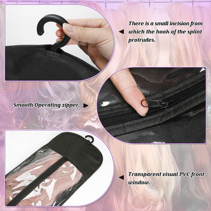 6 Pcs Wig Bags Storage with Wig Hanger Dust-proof for Multiple Wigs Hanging Storage Bags Organizer Foldable Easy Carry Suitable for Home Travel Hair Salon Black