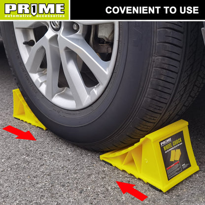 PR1ME Wheel Chocks with Non-Slip Base for RV & Trailer. 2 Pack Safety Wheel Chock with Bright Yellow. Lightweight Wheel Stoppers for Cars Camper Trucks RVs, Fit for Most Tyre Sizes