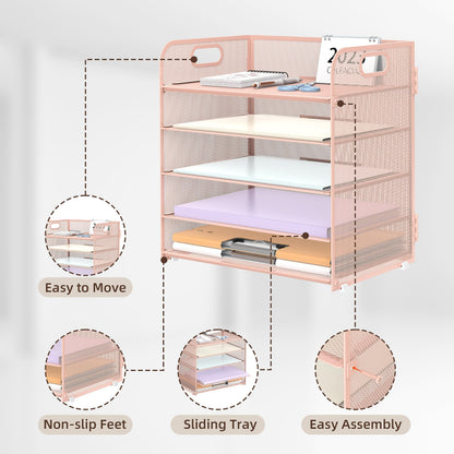 Supeasy 5 Trays Paper Organizer Letter Tray with Handle-Mesh Desk File Organizer, Paper Sorter for Office, Home or School, Pink
