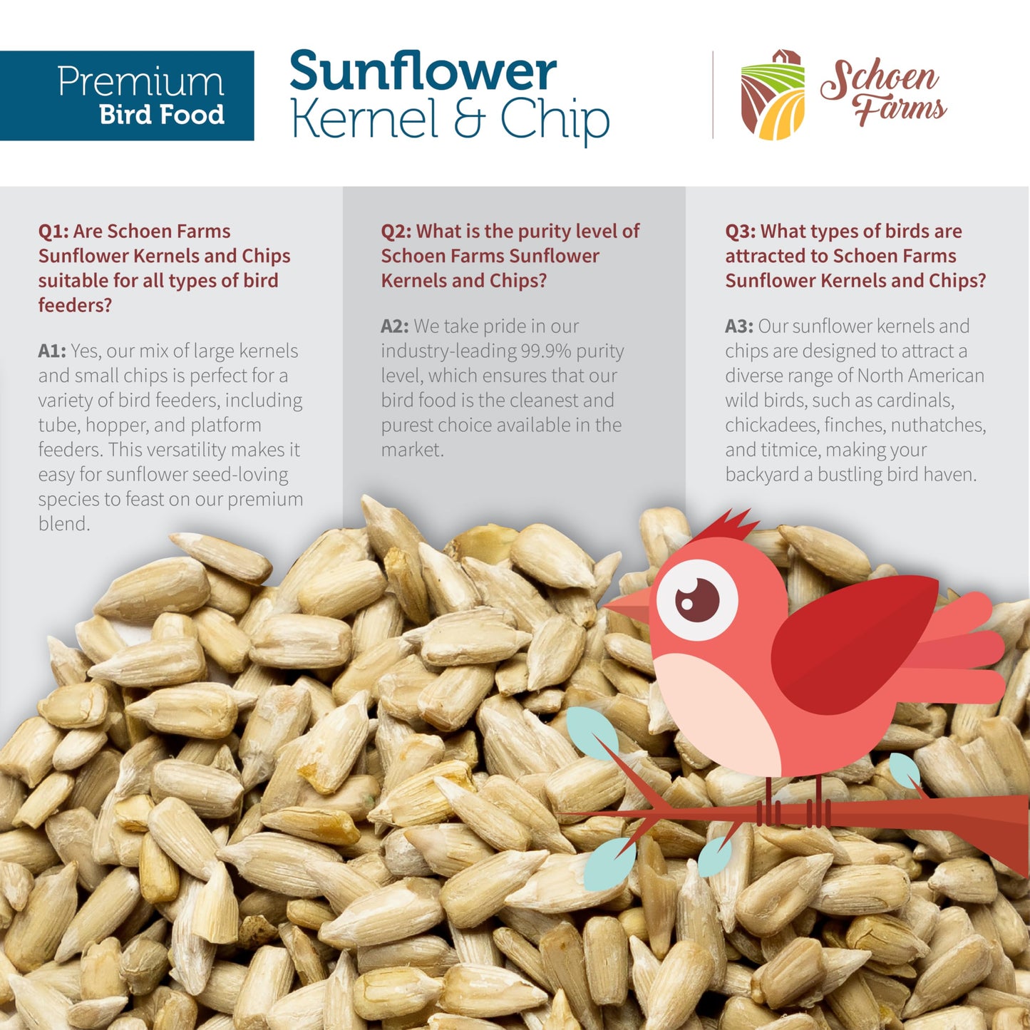 Schoen Farms Sunflower Kernels & Chips – 5 lb Bag – Hulled Sunflower Hearts Bird Seed – No-Mess Wild Bird Food for Finches, Chickadees & Nuthatches – Grown in Canada