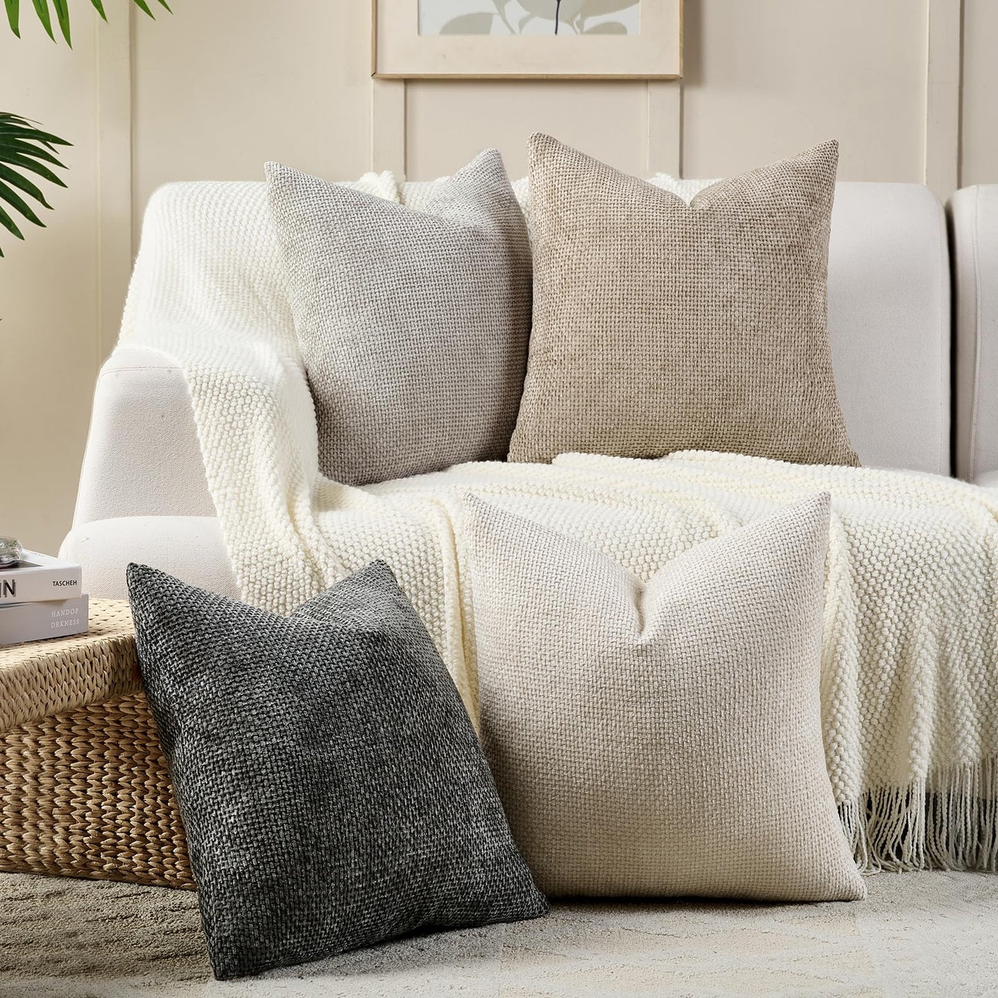 Volcanics Boho Throw Pillow Covers 18x18 Inch Set of 4, Neutral Chenille Decorative Cushion Covers for Couch, Sofa, Bedroom, Living Room, Farmhouse & Mid-Century Modern Home Decor