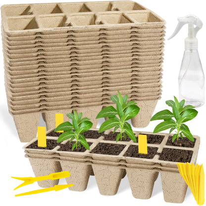 SORANGEUN Biodegradable Seed Starter Trays Kit – 20 Pack with 200 Labels, Transplant Tool & Spray Bottle, 1.8" Square Peat Pots for Seedlings, Vegetables, Herbs – Eco-Friendly Planting Set