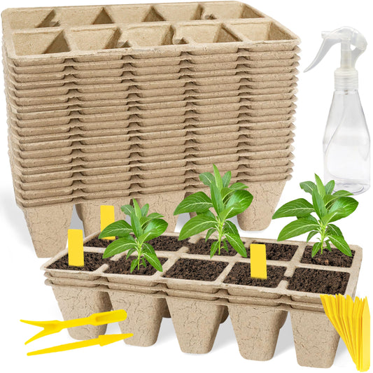 SORANGEUN Biodegradable Seed Starter Trays Kit – 20 Pack with 200 Labels, Transplant Tool & Spray Bottle, 1.8" Square Peat Pots for Seedlings, Vegetables, Herbs – Eco-Friendly Planting Set