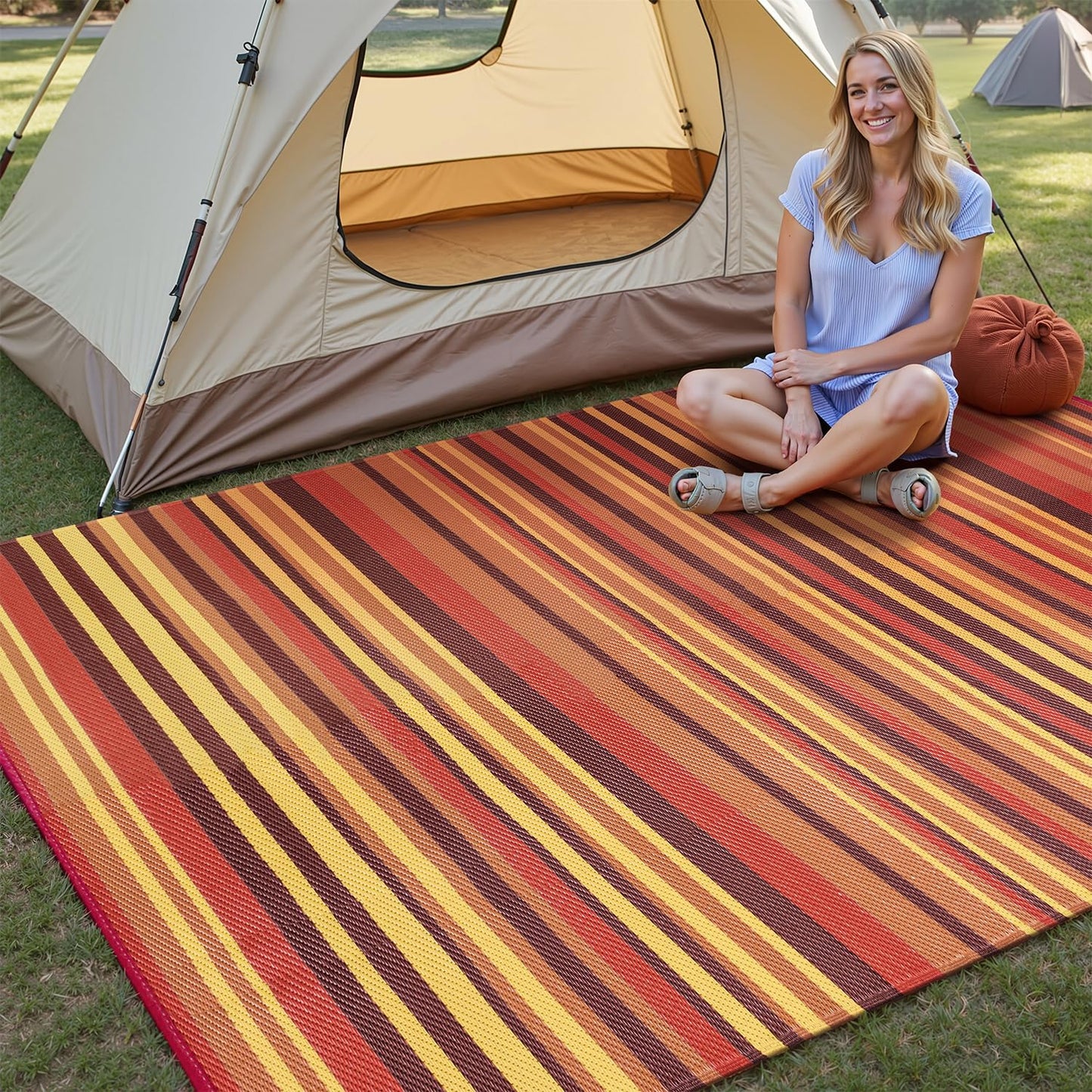 WondRg Outdoor Rug Patio Mat 5x8 Waterproof Plastic Straw Red Orange Stripe Tapis Exterieur for Camping Picnic Deck Washable Outside Carpet Balcony Backyard Porch RV Portable Reversible Lightweight