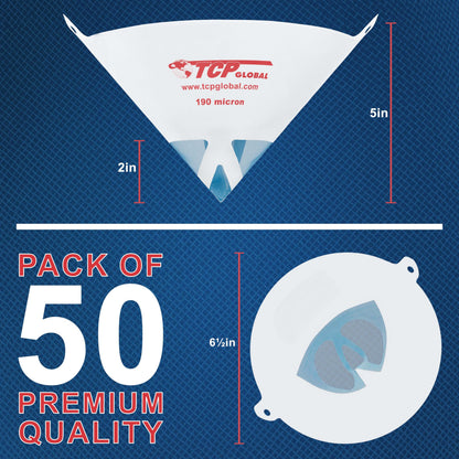 TCP Global 50 Pack of Paint Strainers with Fine 190 Micron Filter Tips - Premium "PURE BLUE" Ultra-Flow Blue Nylon Mesh