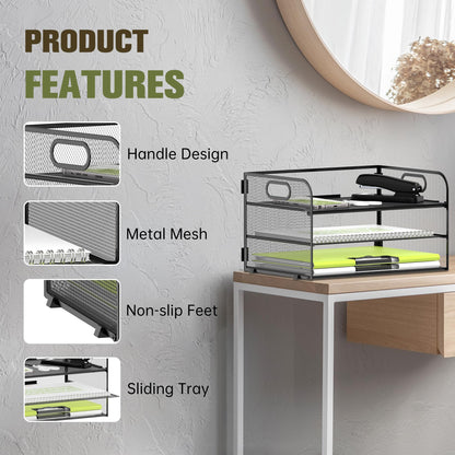 Daltack 3-Tier Paper Organizer with Handle, Mesh Desk Organizer Letter Tray, Paper Tray Organizer File Organizer for A4 File Folder，Black