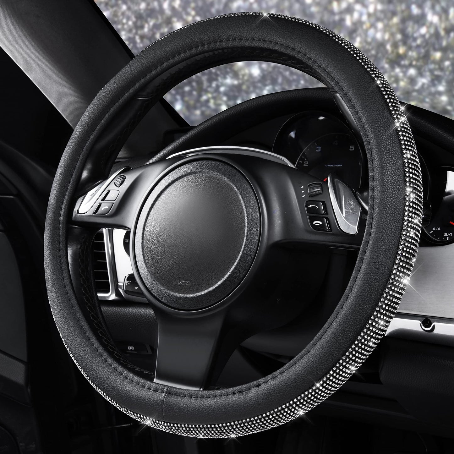 CAR PASS Diamond Black Leather Steering Wheel Cover, with Bling Crystal Rhinestones Universal Fit 14" 1/2-15" Crystal Glitter for Women Sparkle Girl Fit Suvs,Vans,Sedans,Cars,Trucks, White Diamond