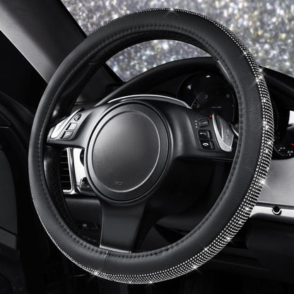 CAR PASS Diamond Black Leather Steering Wheel Cover, with Bling Crystal Rhinestones Universal Fit 14" 1/2-15" Crystal Glitter for Women Sparkle Girl Fit Suvs,Vans,Sedans,Cars,Trucks, White Diamond