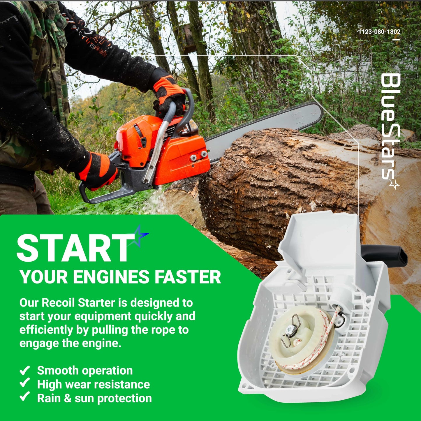 [Upgraded] BlueStars 1123 080 1802 Recoil Starter Assembly - Compatible with Stihl 021 023 025 MS210 MS230 MS250 Chainsaw - Replaces 11230801802 1123-080-1802