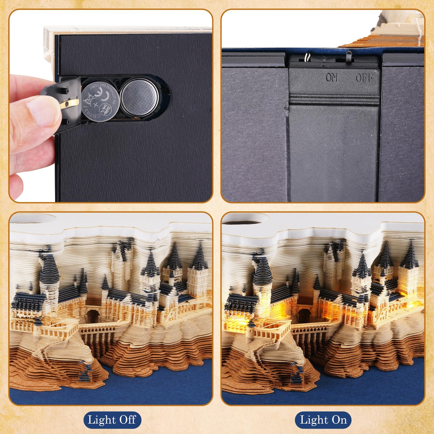 3D Time Piece Calendar 2026, Art Calendar Memo Pad 2026 Mini Desk Calendars Magic Castle with Lights, 3D Sticky Note Desktop Tear Off Calendar Gift for Christmas Office Decoration