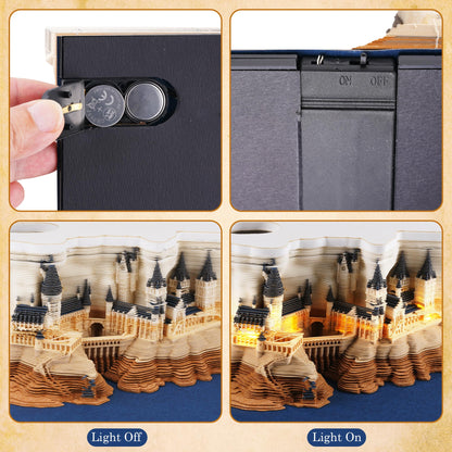 3D Time Piece Calendar 2026, Art Calendar Memo Pad 2026 Mini Desk Calendars Magic Castle with Lights, 3D Sticky Note Desktop Tear Off Calendar Gift for Christmas Office Decoration