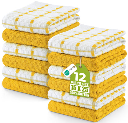 Utopia Towels Kitchen Towels, 12 Pack, 15 by 25 Inches, Dobby Weave, 100% Ring Spun Cotton, Super Soft and Absorbent Dish, Tea, and Bar Towels, Yellow