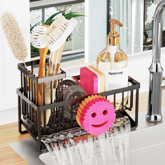 Sponge Holder for Kitchen Sink,Smiley Face Sink Caddy with Removable Brush Holder,Self-Draining Sponge Caddy for Soap,Dish Brush,Scrubber,Kitchen Essentials and Gadgets Essentials and Gadgets