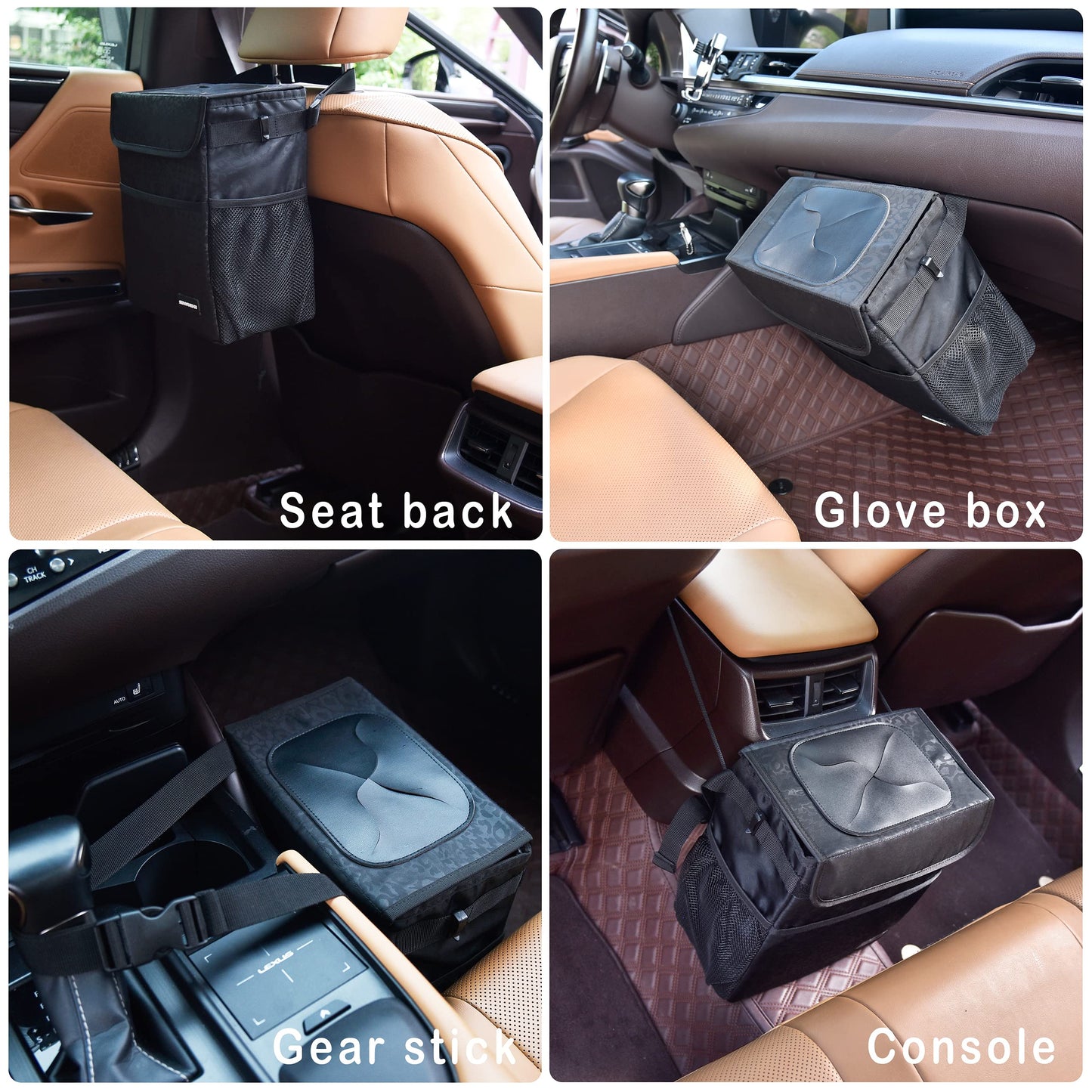 Cute Car Trash Can with Lid – Multipurpose Collapsible Trash Bin for Car, Leak-Proof Organizer, Waterproof Garbage Can with Storage Pockets & Adjustable Straps, 2 Gallons (Black Leopard)