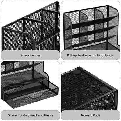 Auvo APH02 Multi-Functional Pen Pencil Holder, Desk Organizer with Drawer, Office & Art Supplies Storage，Large Size (Black)