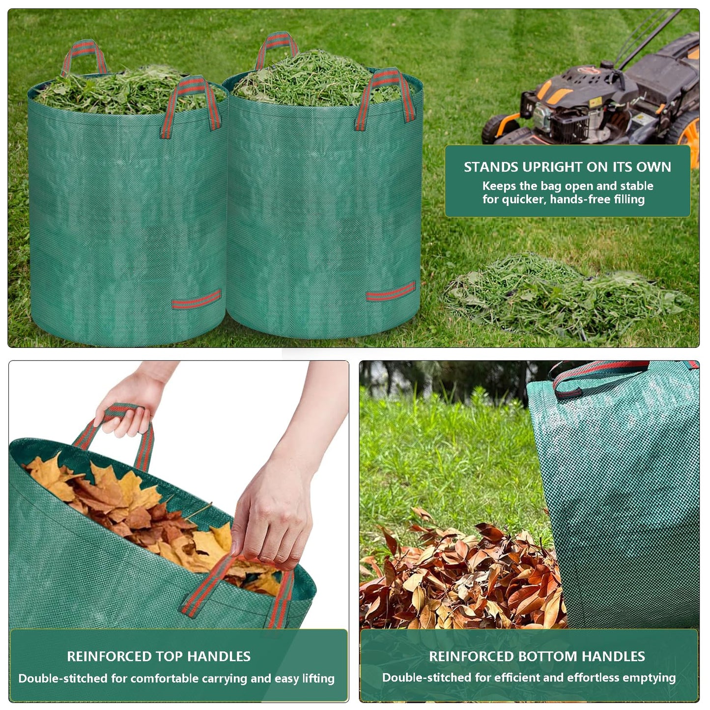 Doubleggs Reusable Yard Waste Bags, 72 Gallon Lawn and Leaf Bags 4 Pack with Reinforced Handles and Gardening Gloves, Heavy Duty Standable Garden Waste Bags for Leaves, Grass, Camping, Recycling