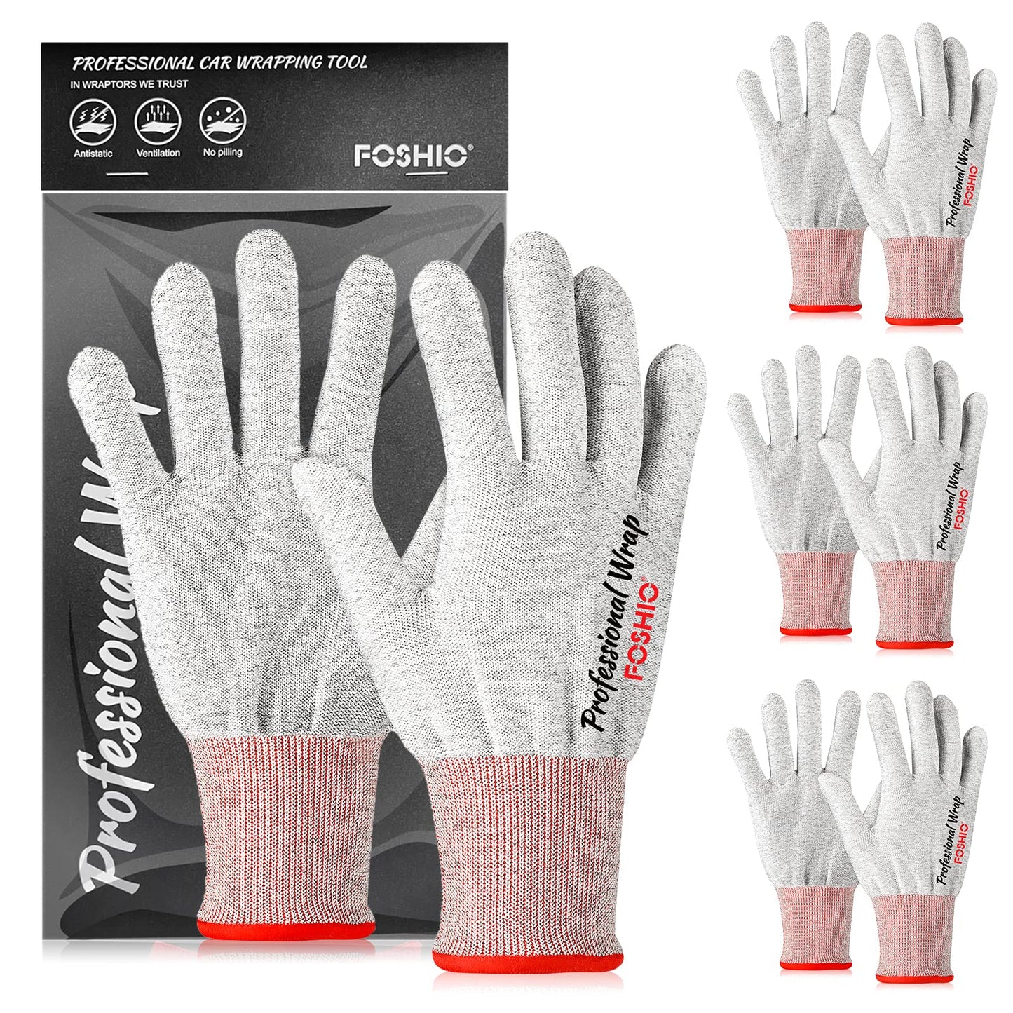 FOSHIO Vinyl Wrap Gloves, Professional Anti-Static Application Gloves, Carbon Fiber Vinyl Wrap Tool Dust-Free Working Gloves (4 Pairs)
