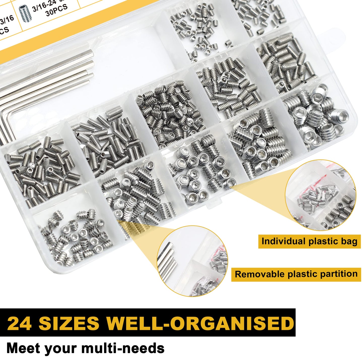 Siptenk Set Screws Assortment Kit Metric & SAE 901PCS, 304 Stainless Steel Threaded Inserts Hex Allen Head Socket Set Screw for Bathroom Fixtures Door Handles M3-M8 1/8-40 to 5/16-18