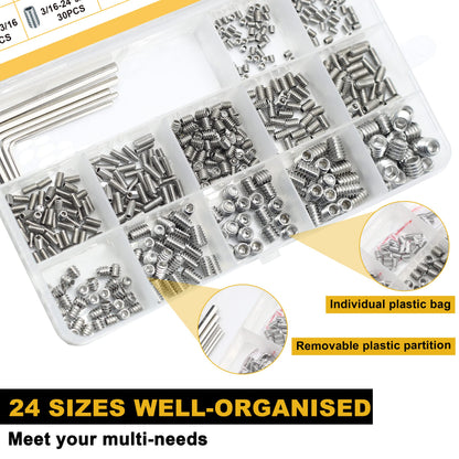 Siptenk Set Screws Assortment Kit Metric & SAE 901PCS, 304 Stainless Steel Threaded Inserts Hex Allen Head Socket Set Screw for Bathroom Fixtures Door Handles M3-M8 1/8-40 to 5/16-18